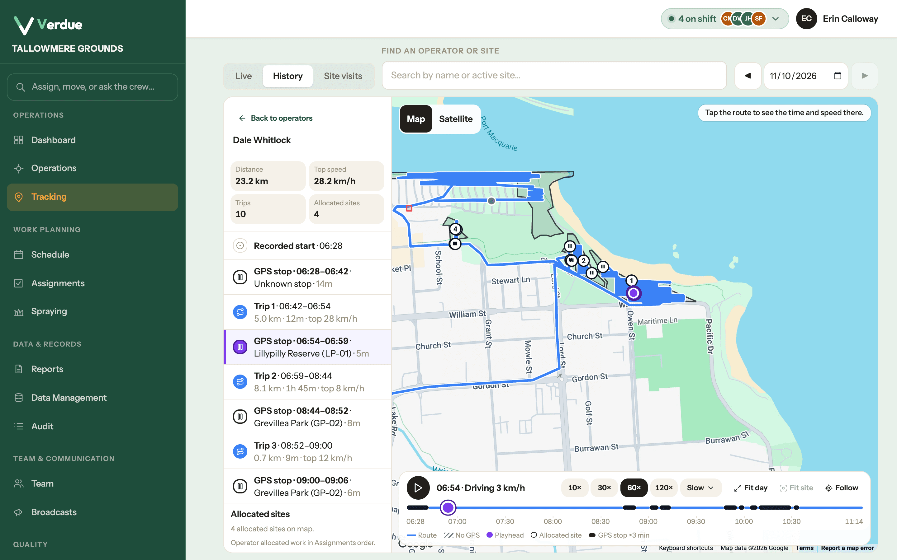 Verdue Tracking history for a demonstration organisation: one operator’s recorded route on a road map beside a timeline of trips and stops at named sites.