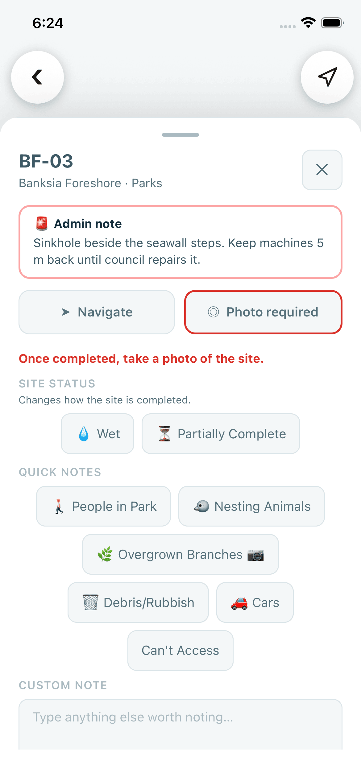 Verdue operator app for a demonstration organisation: the job sheet for site BF-03, Banksia Foreshore, with a critical Admin note about a sinkhole, a Navigate button, a Photo required button outlined in red, and a line in red reading Once completed, take a photo of the site.