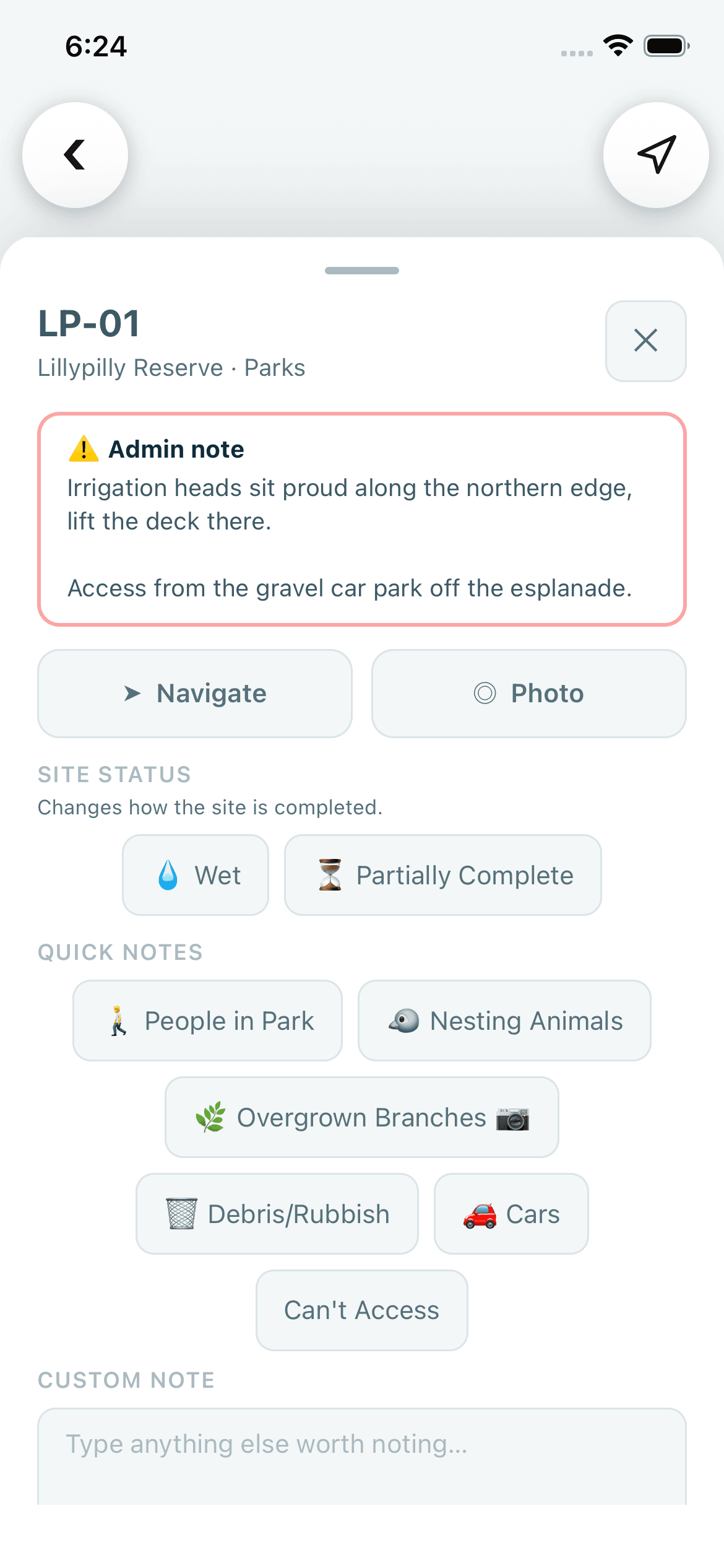 Verdue operator app for a demonstration organisation: the job sheet for site LP-01, Lillypilly Reserve, with an Admin note from the office, Navigate and Photo buttons, Wet and Partially Complete under Site status, quick note chips and a custom note box.
