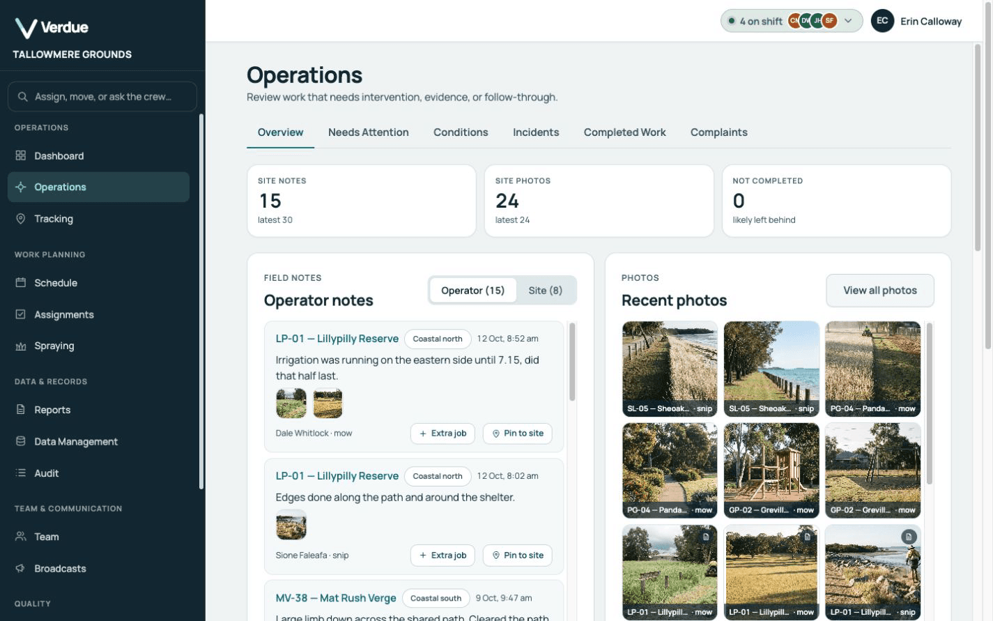 Verdue Operations screen for a demonstration organisation: operator notes for each site beside a grid of recent site photos.
