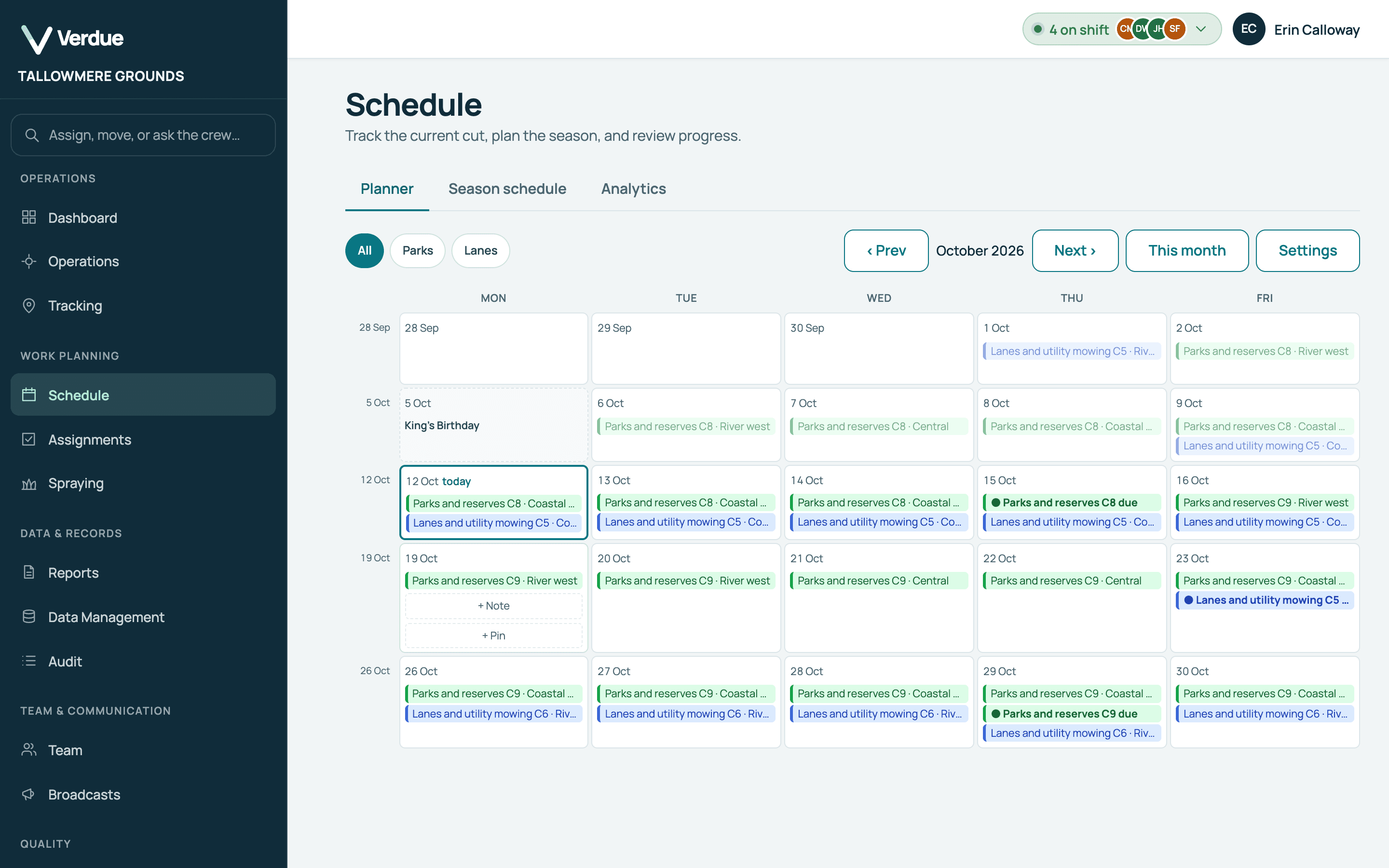 Verdue Schedule screen for a demonstration organisation: a month planner of working days, with each rotation group’s cut and zone on its days and the days a cut is due marked.