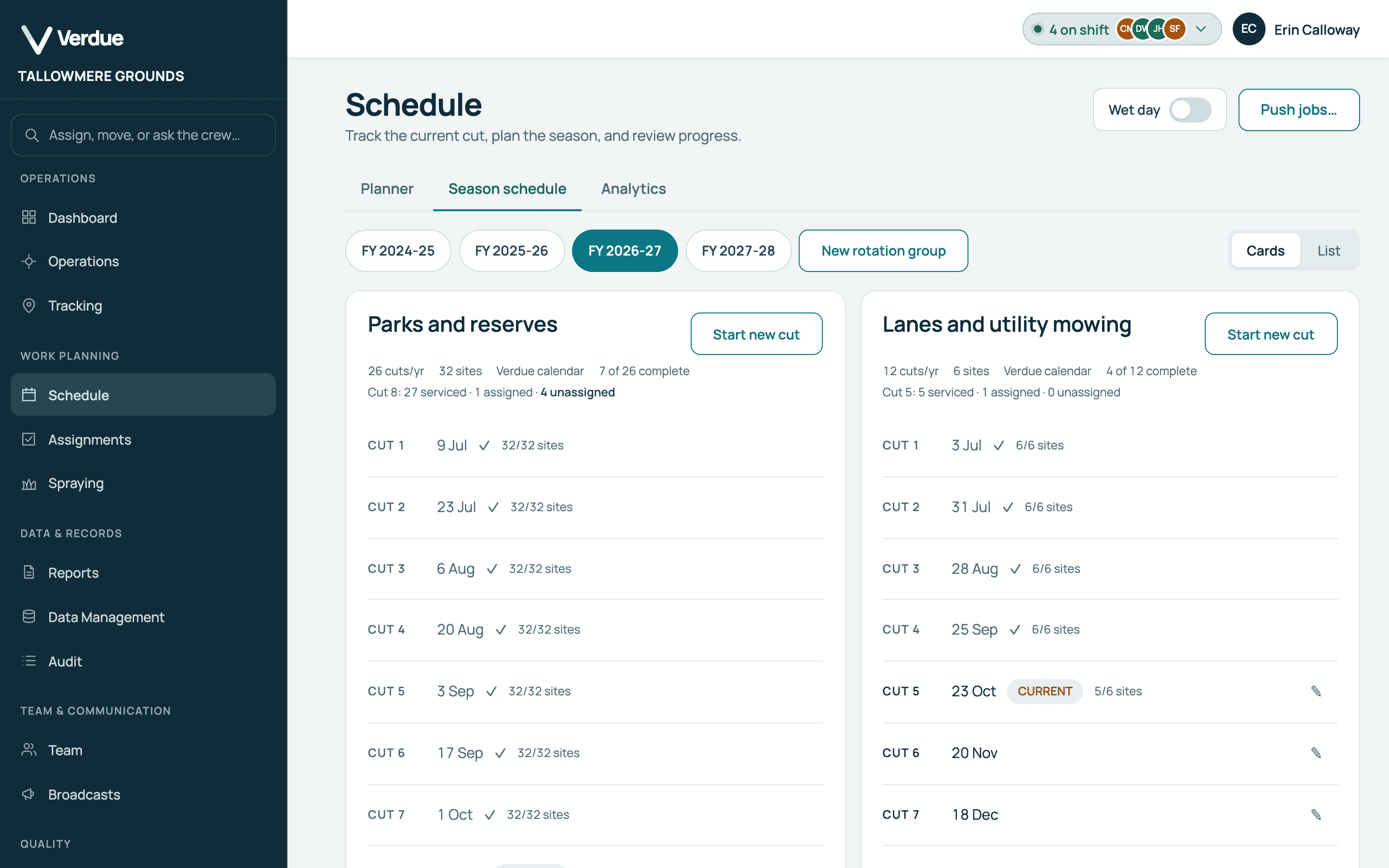 Verdue Schedule screen for a demonstration organisation: the season schedule, with each rotation group and the date of each of its cuts for the financial year.