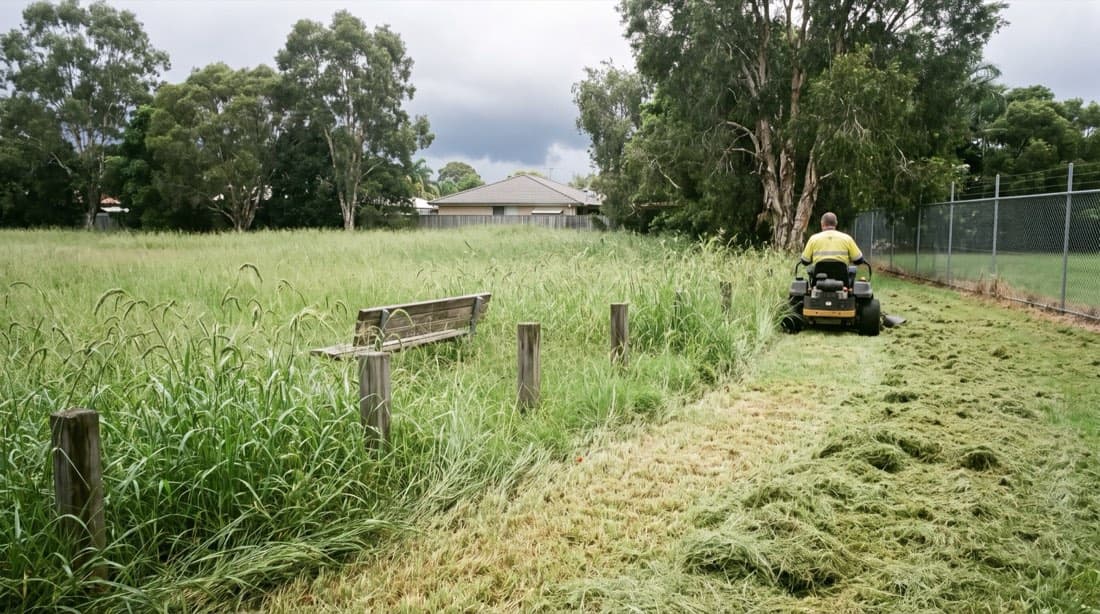Illustrative before photo: long grass beside a timber bench and bollards, with a ride-on mower working in the background